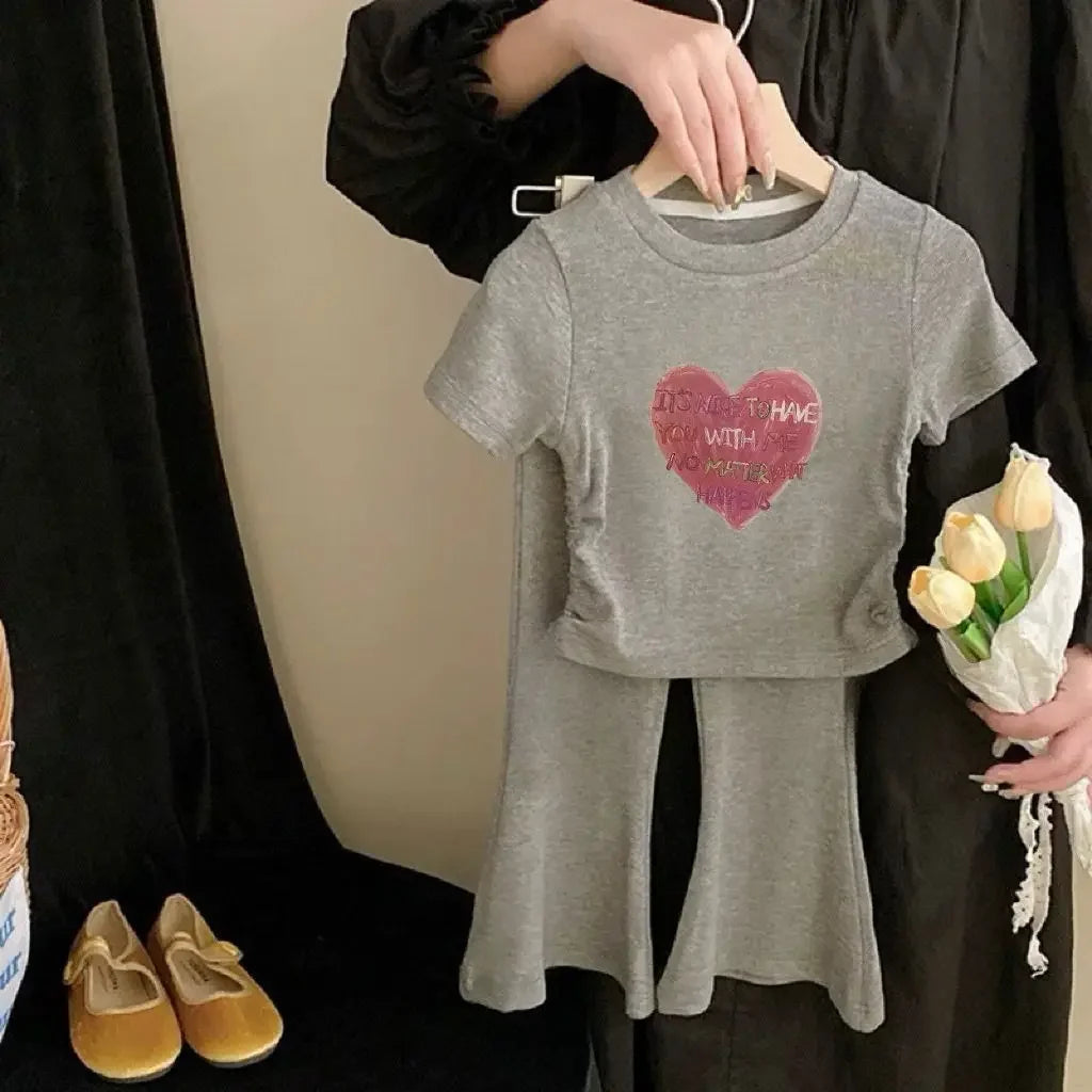 Children's Sets Girls' Summer Sweetheart Print Blouse Set - Waist-Cinching Top + Flared Pants Two Piece Set