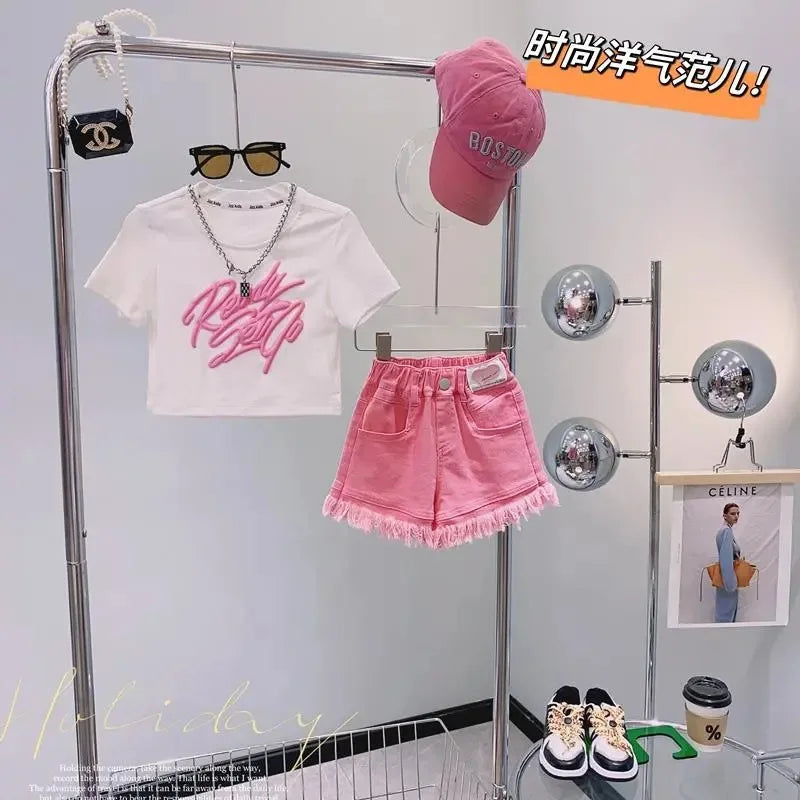 Children's Clothing Sets Monogram Print Short Sleeve + Denim Shorts Baby Girl Clothes 4 To 15 Years Baby Girl Outfit Set