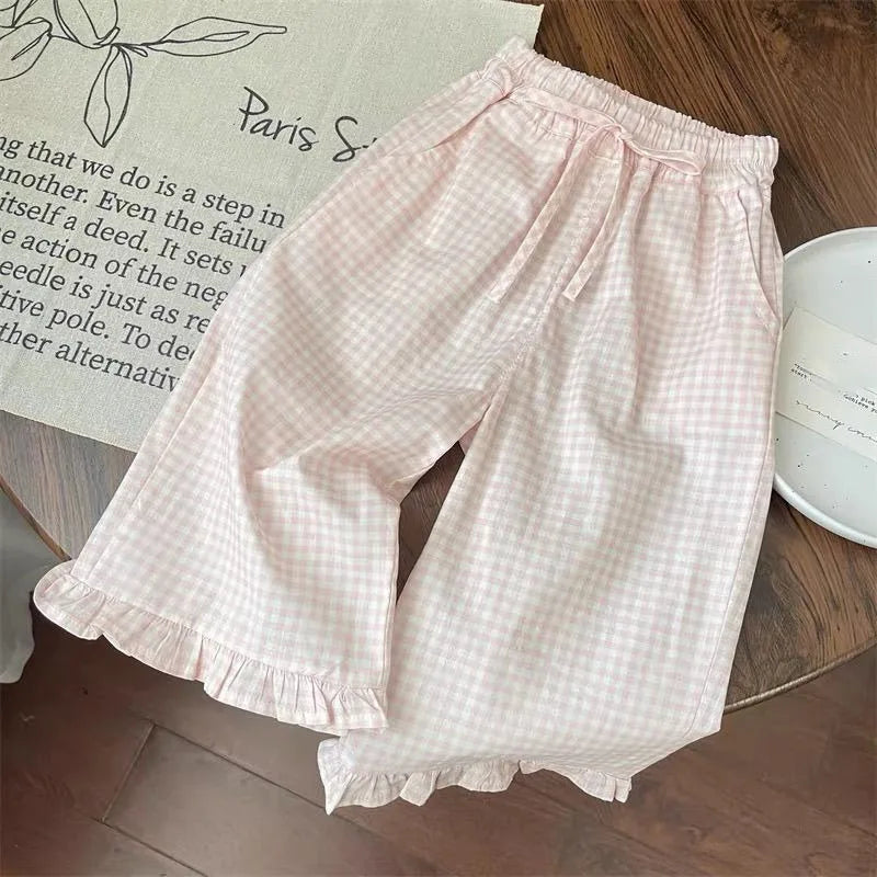Children's Clothing Sets Bow Short Sleeve Top + Plaid Wide Leg Pants Set Girls Bow T-shirt Clothes Kids Toddler Princess Clothes