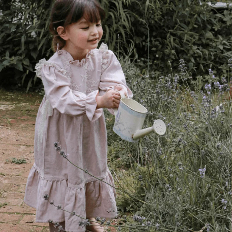 Floral Puff Long Sleeve Lace Vestido Stand Collar Loose Baby Clothes 2-12Y