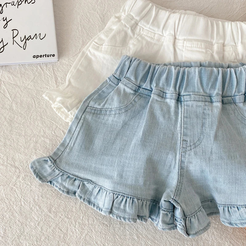 Children New Summer Kids Girls Ruffle Shorts Solid Brief Denim Children's Wear Teenage Girl Jeans