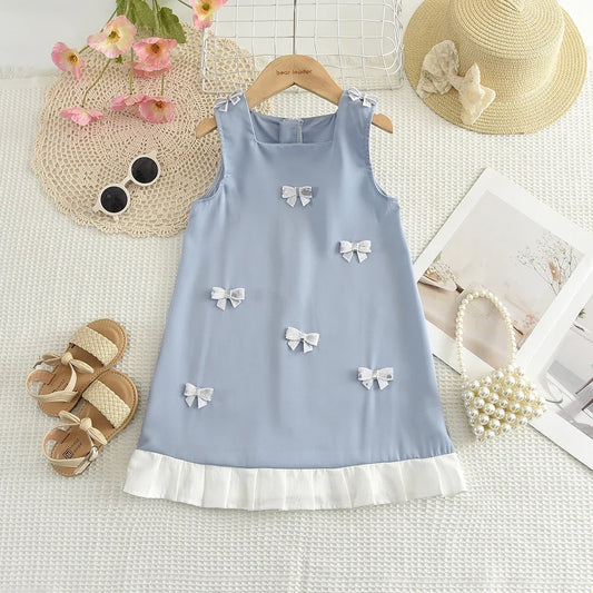 Girls Summer Sweet Bow Decoration Sleeveless Square Collar Pleated Edge Princess Dress 1 Pc 2-7 Years Kids Fashion Cute Clothes