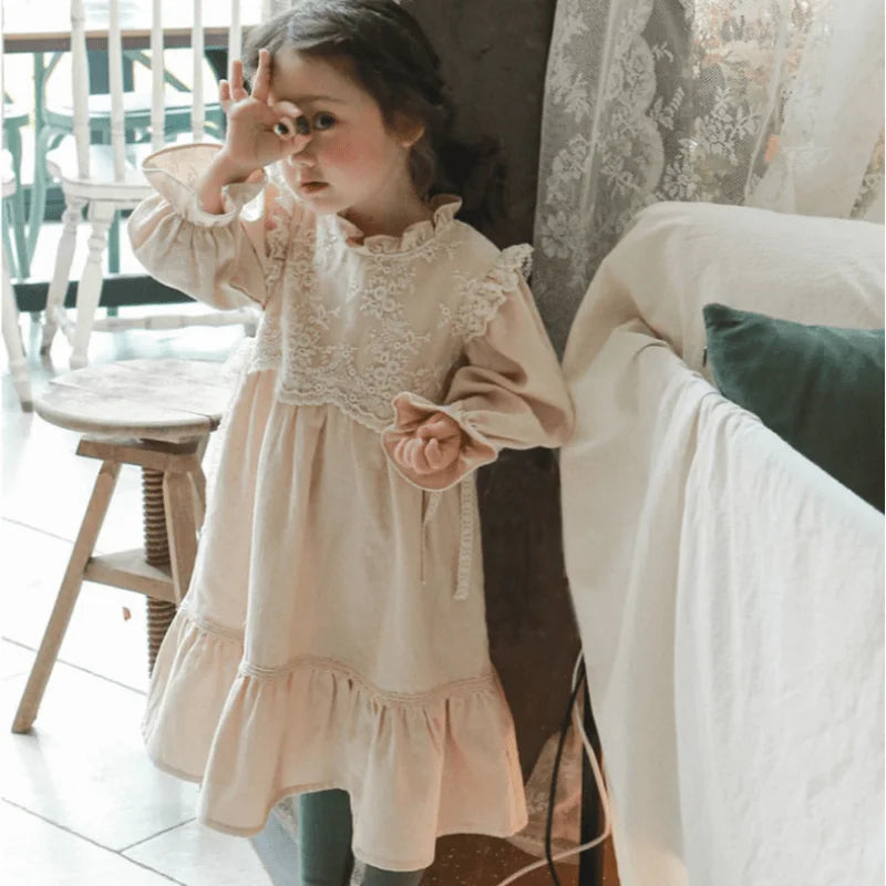 Floral Puff Long Sleeve Lace Vestido Stand Collar Loose Baby Clothes 2-12Y