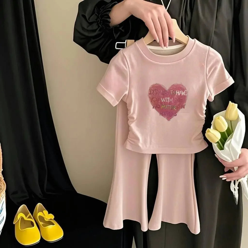 Children's Sets Girls' Summer Sweetheart Print Blouse Set - Waist-Cinching Top + Flared Pants Two Piece Set