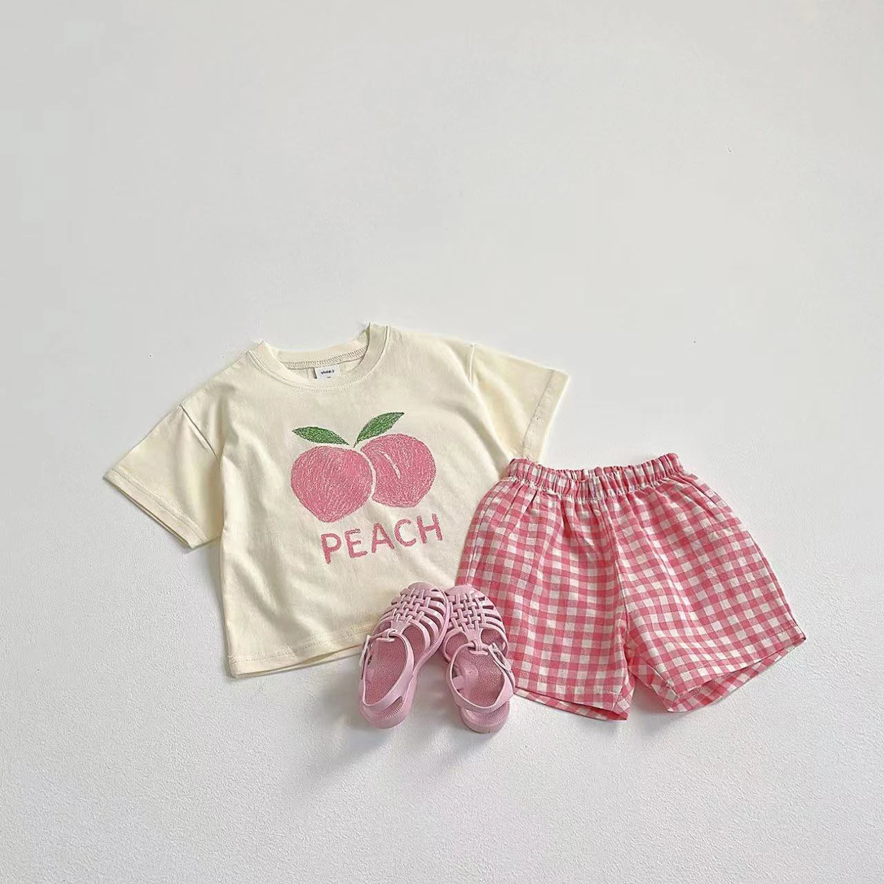 Fruit Pattern T-shirt Children's Clothes Summer Fashion Casual Korean Style Short Sleeve Suit Tees + Plaid Shorts Kids Outfits
