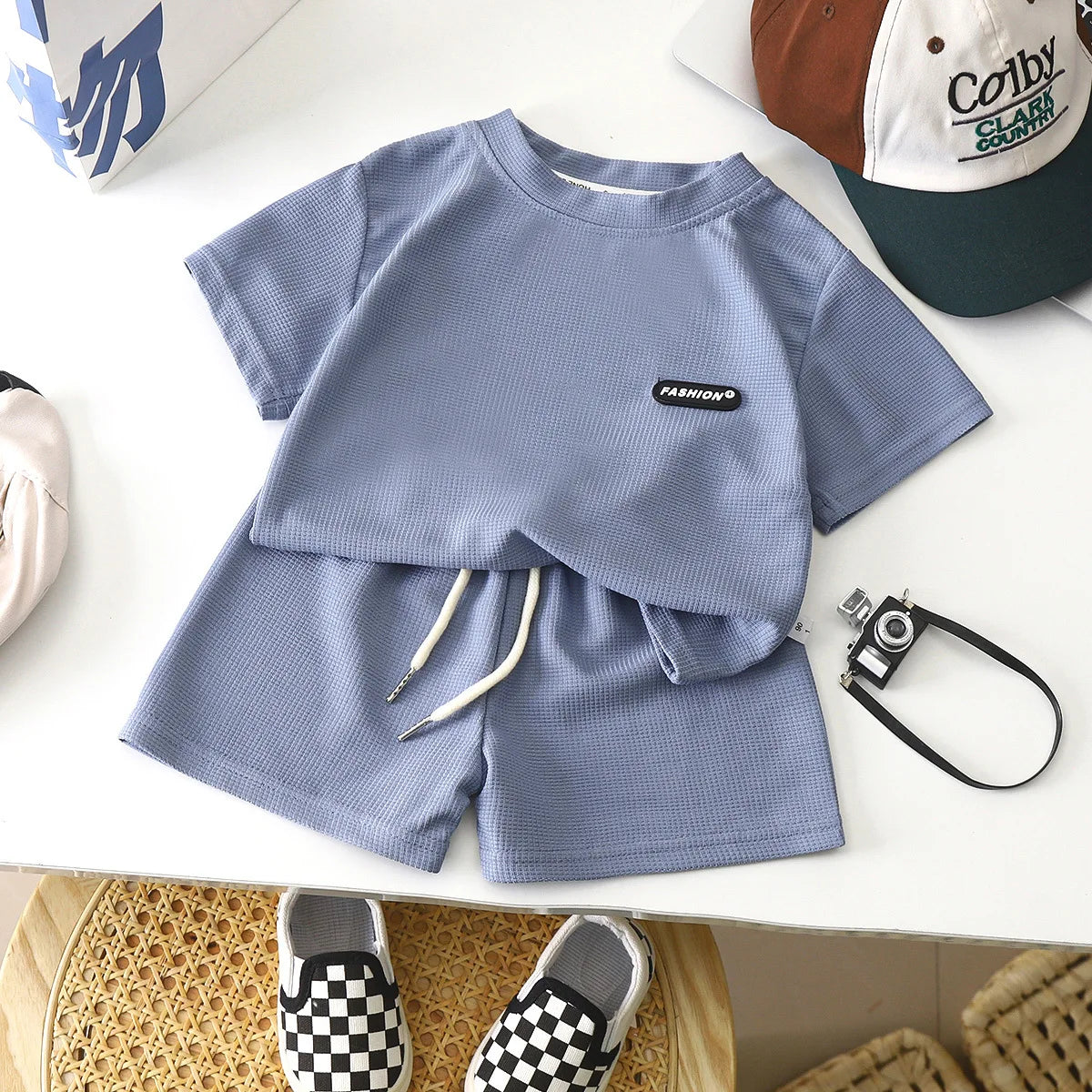 Children's Sets Summer Leisure Loose Casual Girls Boys Waffle Short-sleeved Solid Top+shorts 2-piece Suit Simple Loungewear