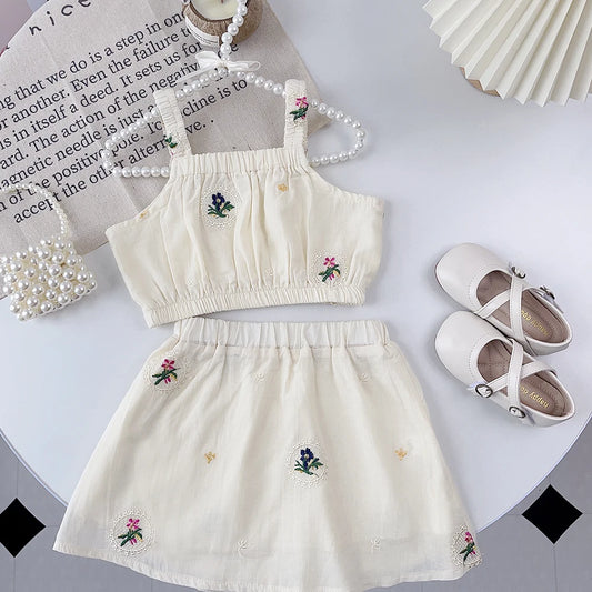 Girls Summer Plain Casual Clothing Embroidery Flower Sleeveless Sling Top + Skirt 2 Pcs Set 2-5 Years Kids Fashion Cute Wear