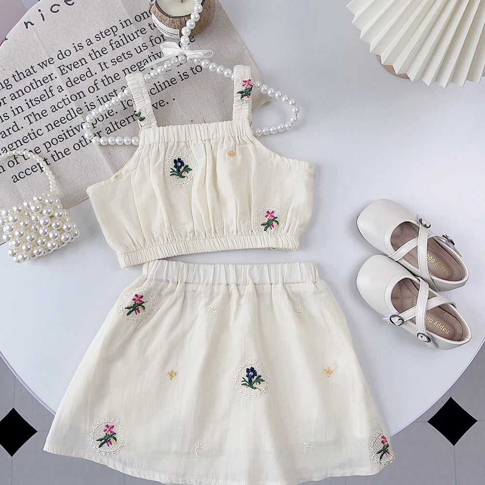 Girls Summer Plain Casual Clothing Embroidery Flower Sleeveless Sling Top + Skirt 2 Pcs Set 2-5 Years Kids Fashion Cute Wear