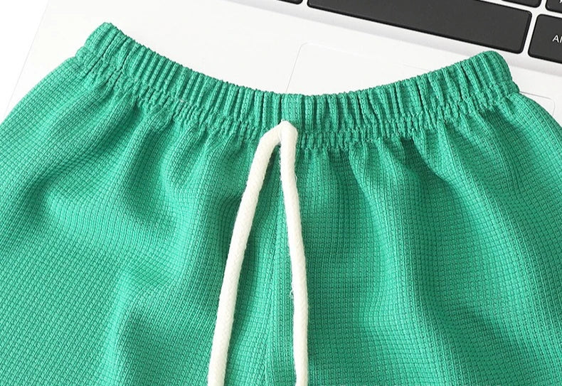 Children's Sets Summer Leisure Loose Casual Girls Boys Waffle Short-sleeved Solid Top+shorts 2-piece Suit Simple Loungewear