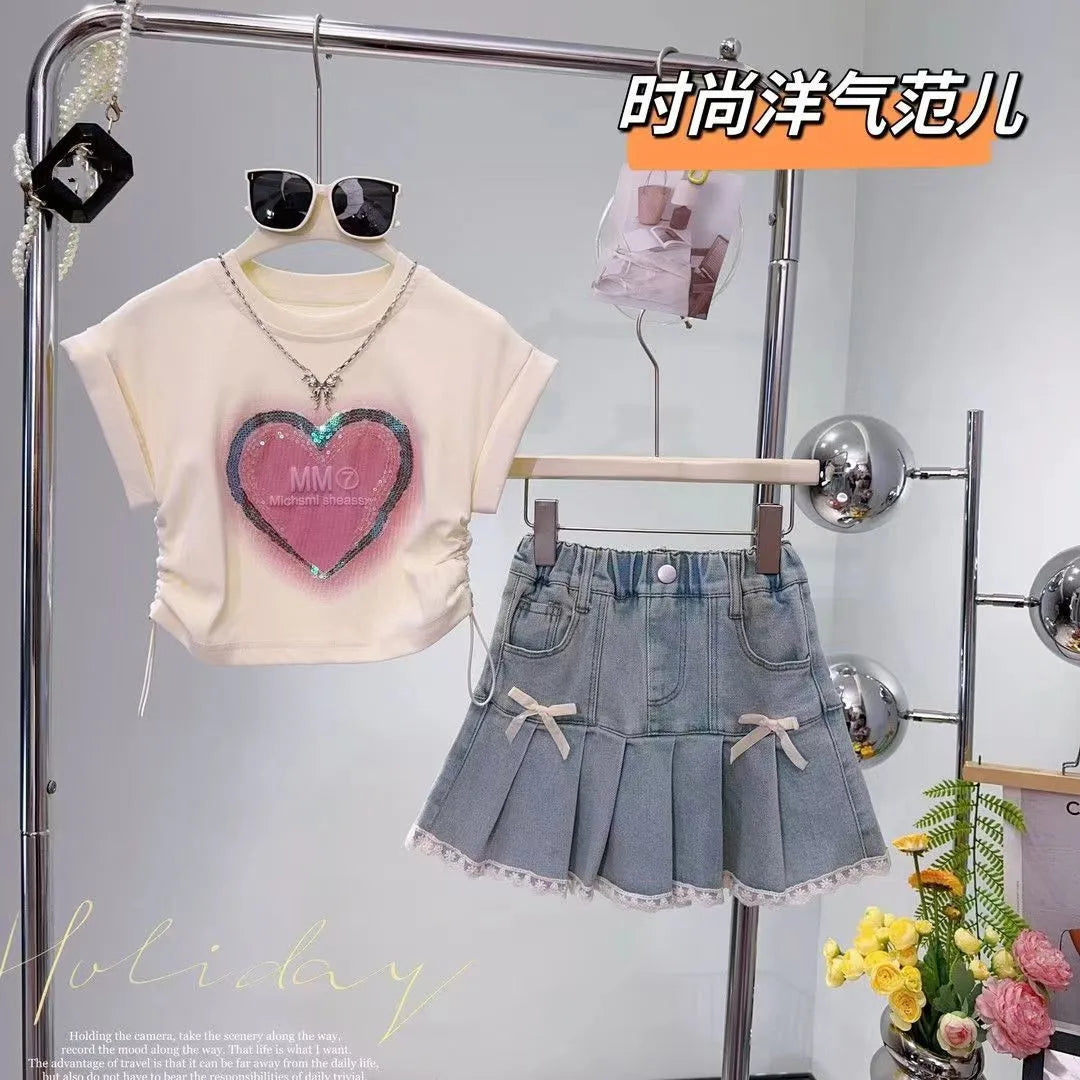 Summer girls' pleated skirt set new fashionable children's princess skirt+short sleeved T-shirt two-piece set kids Outfits