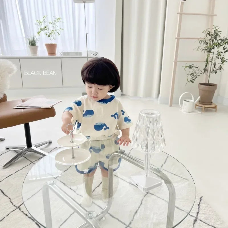Full Print dolphin Tees +shorts Boys And Girls Cute Cotton Fashion Crew Neck Pullover Short Sleeve Home Clothes 2pcs Suits