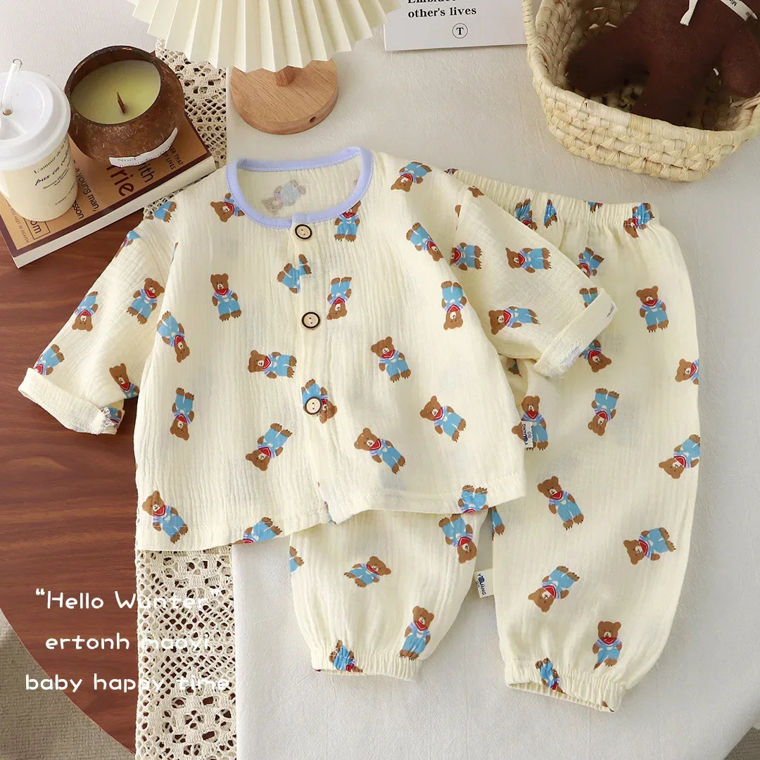 Kids Summer Thin Pajamas 2025 Boys Girls Cute Cartoon Print Long Sleeve Cotton Yarn Clothing Sets Pyjamas Baby Casual Sleepwear