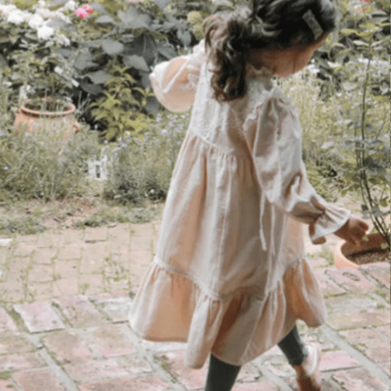 Floral Puff Long Sleeve Lace Vestido Stand Collar Loose Baby Clothes 2-12Y