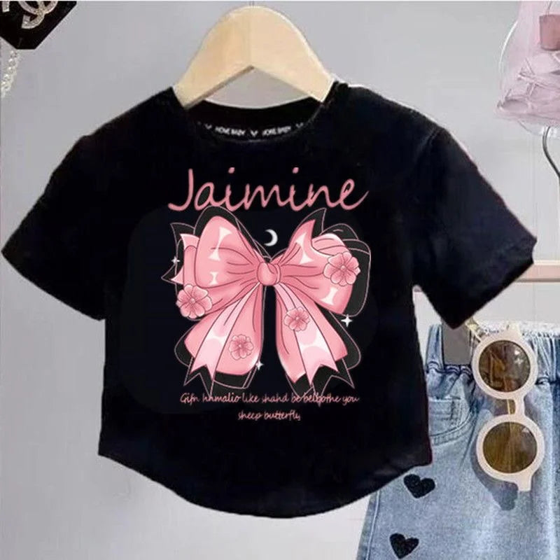 Summer Girls Sweet Clothes Sets Children Bowknot Printed T-shirts Top+Denim Shorts 2 Pcs Suits Kids Short Sleeve Outfits 4-12 Ye