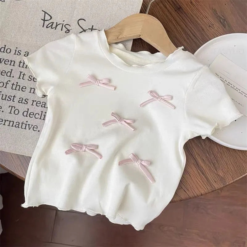 Children's Clothing Sets Bow Short Sleeve Top + Plaid Wide Leg Pants Set Girls Bow T-shirt Clothes Kids Toddler Princess Clothes