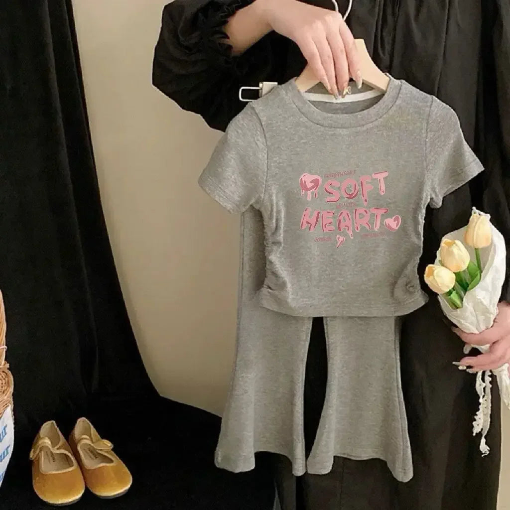 Children's Sets Girls' Summer Sweetheart Print Blouse Set - Waist-Cinching Top + Flared Pants Two Piece Set