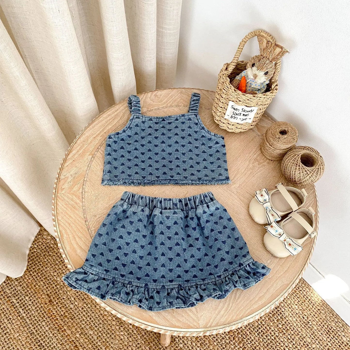 Baby Clothes Summer Female Baby Fashion Trend Cowboy Set Love Cowboy Strap Top Short Skirt Two Piece Set