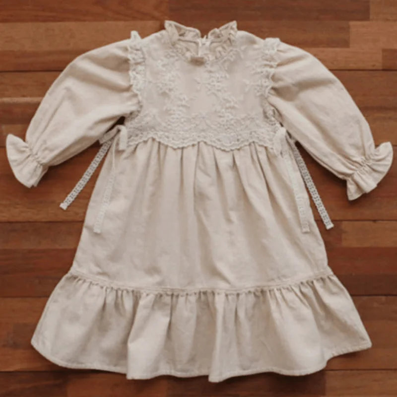 Floral Puff Long Sleeve Lace Vestido Stand Collar Loose Baby Clothes 2-12Y