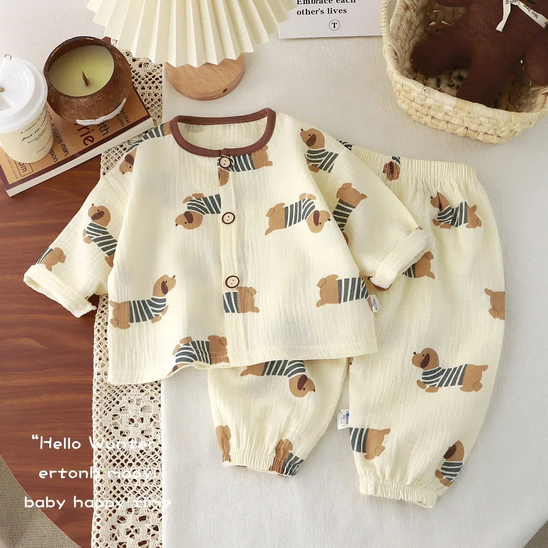 Kids Summer Thin Pajamas 2025 Boys Girls Cute Cartoon Print Long Sleeve Cotton Yarn Clothing Sets Pyjamas Baby Casual Sleepwear
