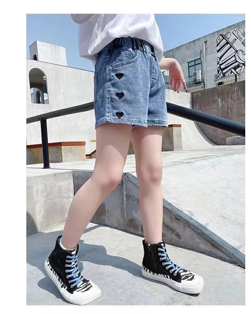 Summer Girls Sweet Clothes Sets Children Bowknot Printed T-shirts Top+Denim Shorts 2 Pcs Suits Kids Short Sleeve Outfits 4-12 Ye
