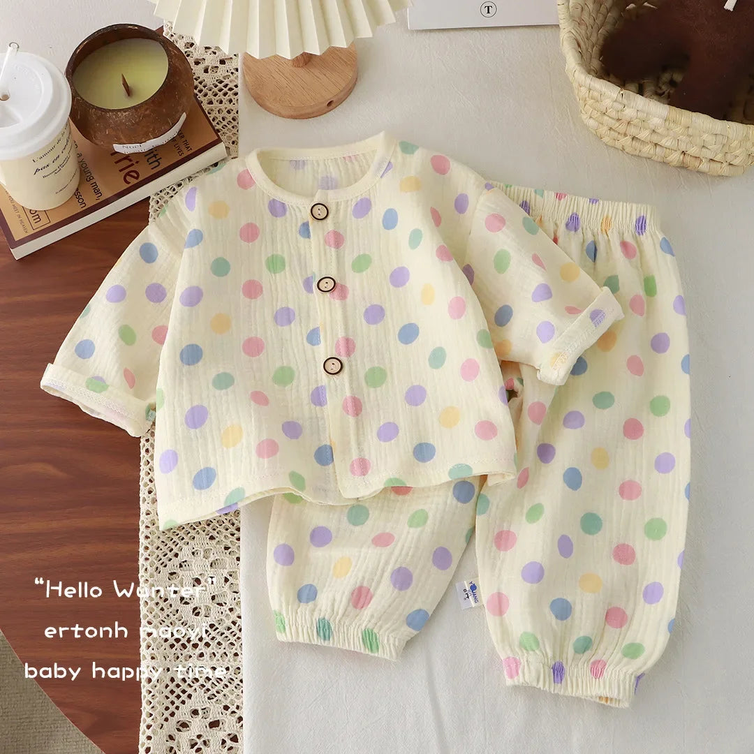 Kids Summer Thin Pajamas 2025 Boys Girls Cute Cartoon Print Long Sleeve Cotton Yarn Clothing Sets Pyjamas Baby Casual Sleepwear