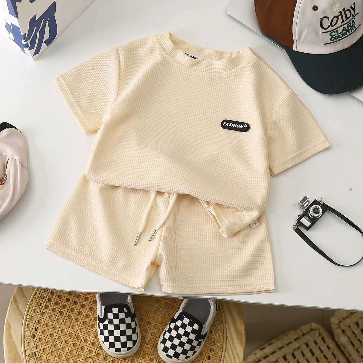 Children's Sets Summer Leisure Loose Casual Girls Boys Waffle Short-sleeved Solid Top+shorts 2-piece Suit Simple Loungewear
