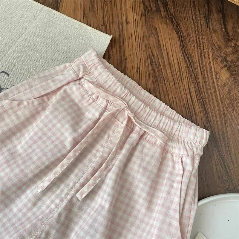 Children's Clothing Sets Bow Short Sleeve Top + Plaid Wide Leg Pants Set Girls Bow T-shirt Clothes Kids Toddler Princess Clothes