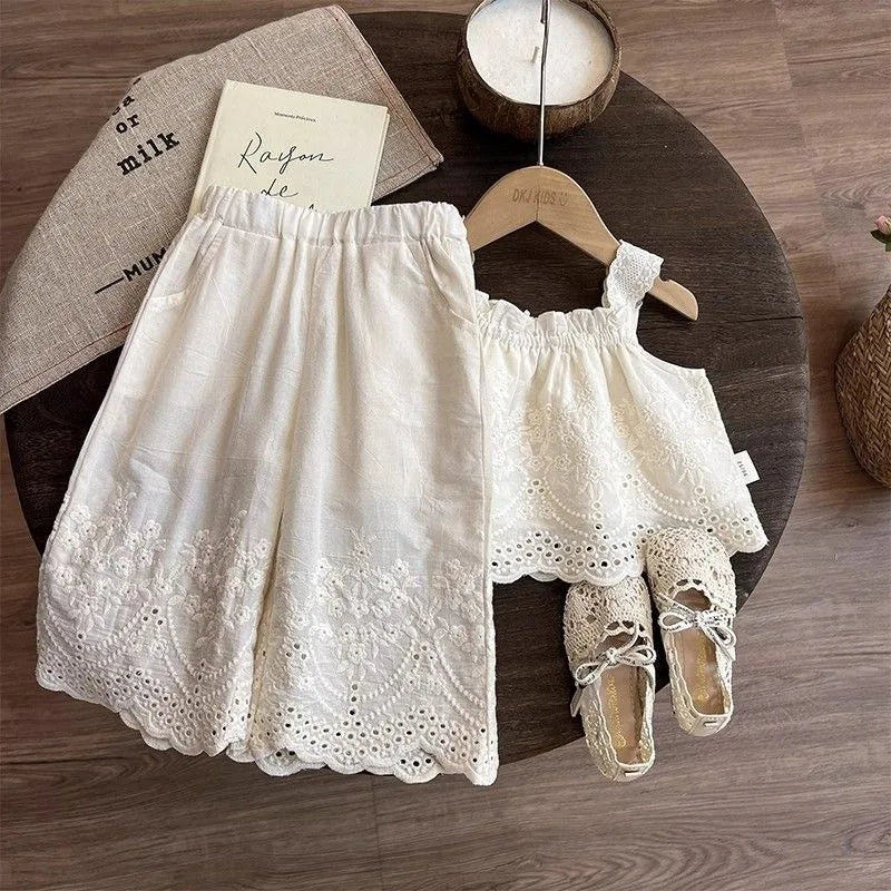 Korean Children's Clothing 2025 Summer New Item Embroidery Vest Wide Leg Pants Two-piece Set Girls' Top Pants Trend