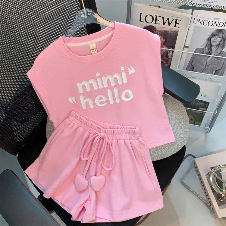 New 4 -14 Years Summer Girls Clothing Set Letter Print Sleeveless T-shirt + Heart Shorts Pants 2pcs Suit Kids Leisure Outfit