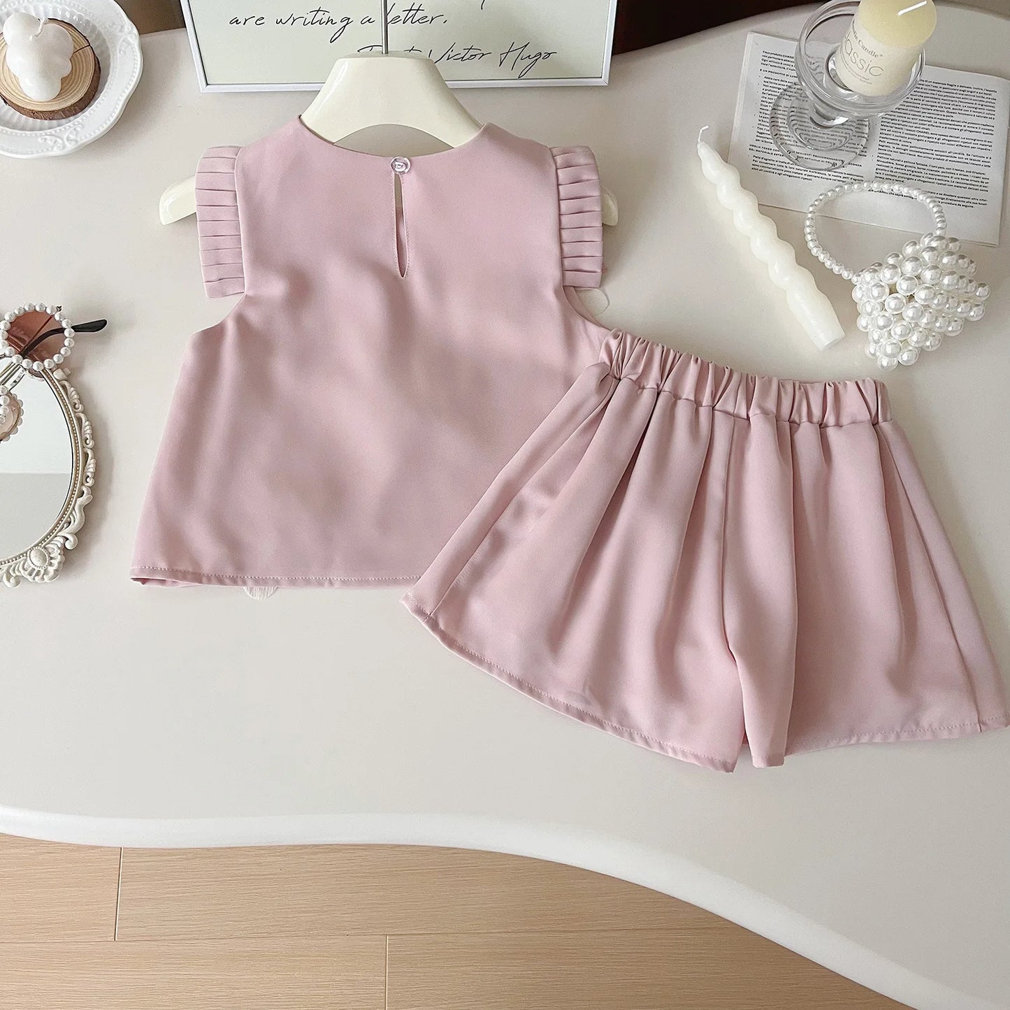 Children's Suit For Girls Summer Cute Three Flowers Short Sleeve Tshirt + Shorts 2 PC Sets Casual Outfit Baby Kids Clothing 