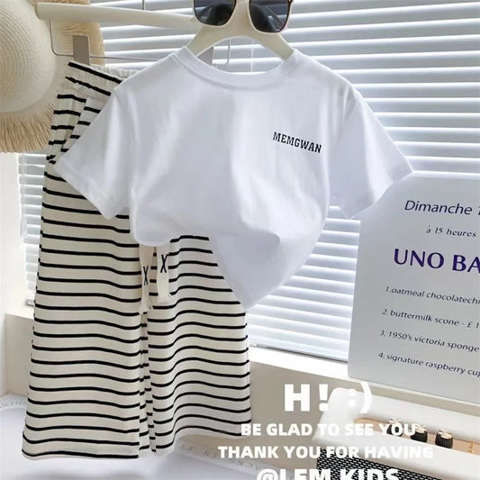 Baby Girls Summer Sets Kids Letter T-shirt+Striped Pants 2Pcs Suit Children Fashion Top Trousers Outfits Infant Casual Clothing