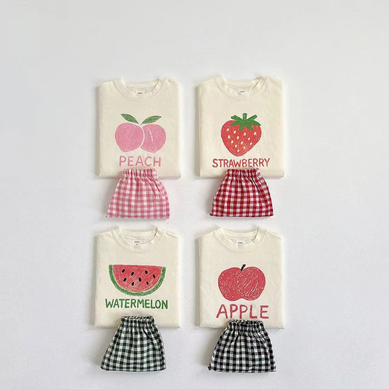 Fruit Pattern T-shirt Children's Clothes Summer Fashion Casual Korean Style Short Sleeve Suit Tees + Plaid Shorts Kids Outfits