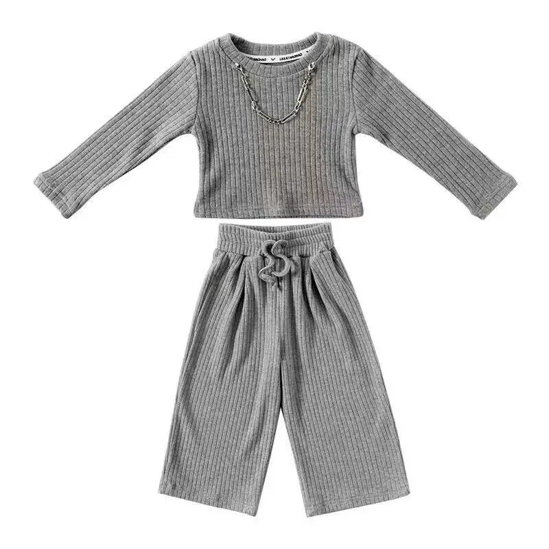 Round Neck Long-Sleeved Top Solid Color Pant Suit