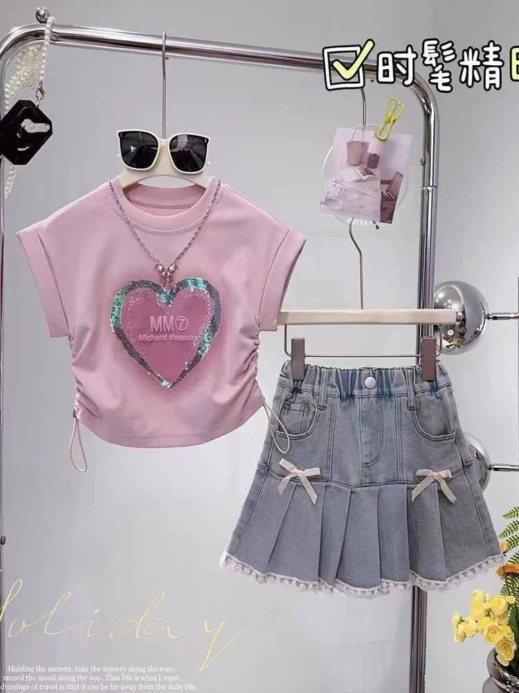 Summer girls' pleated skirt set new fashionable children's princess skirt+short sleeved T-shirt two-piece set kids Outfits