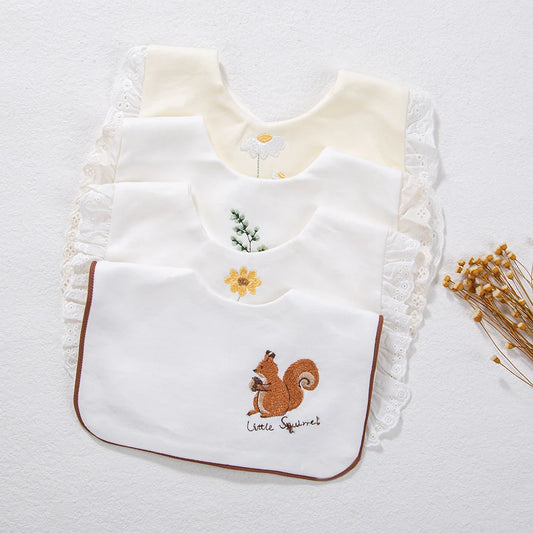 Cotton Baby Bibs Boys Girls Flower Fox Embroider Saliva Towel Infant Feeding Burp Cloth Kids Black Bow Korean Square Scarf