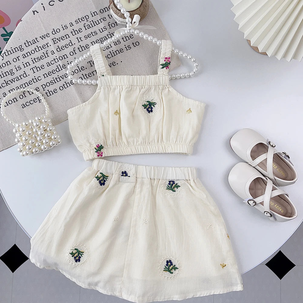 Girls Summer Plain Casual Clothing Embroidery Flower Sleeveless Sling Top + Skirt 2 Pcs Set 2-5 Years Kids Fashion Cute Wear