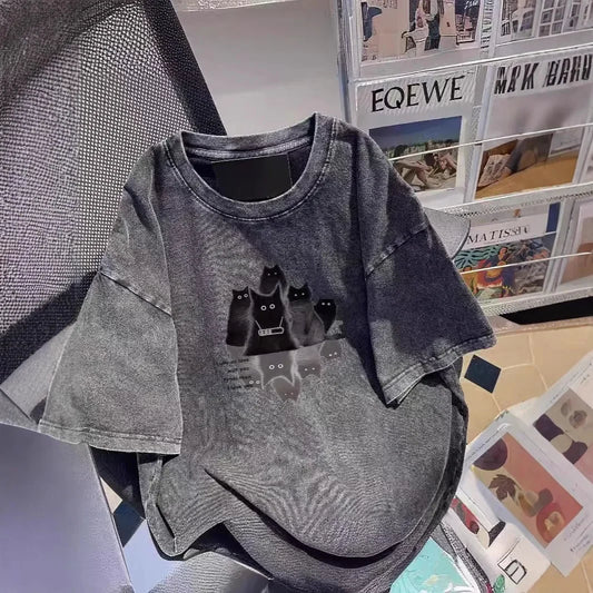 Hiphop Trendy Brand Faded Short Sleeve T-Shirt Women's plus Size Loose Washed Black Print Top Cotton Crew Neck Sweatshirt