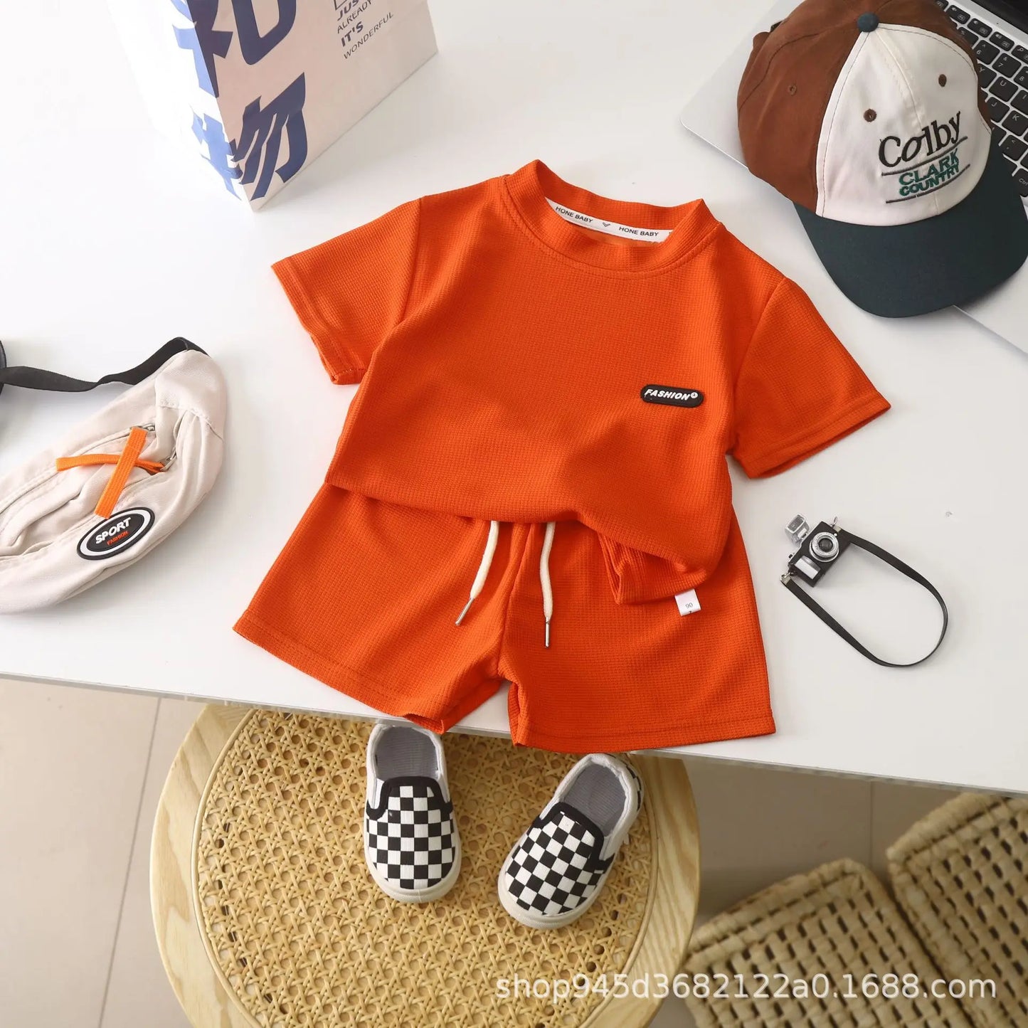 Children's Sets Summer Leisure Loose Casual Girls Boys Waffle Short-sleeved Solid Top+shorts 2-piece Suit Simple Loungewear