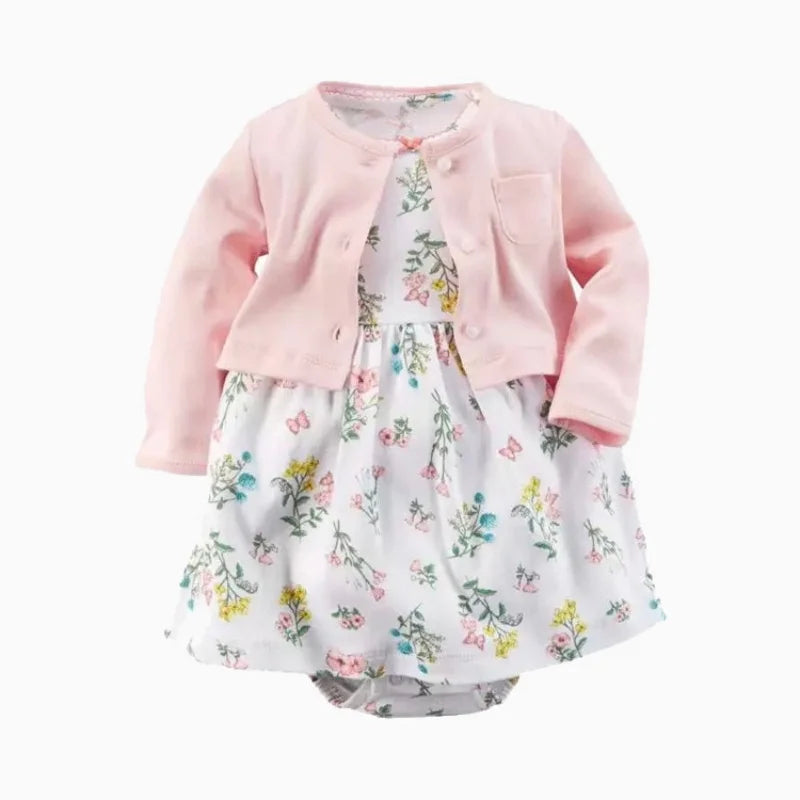 Floral Button Romper Dress+Long Sleeve Small Coat
