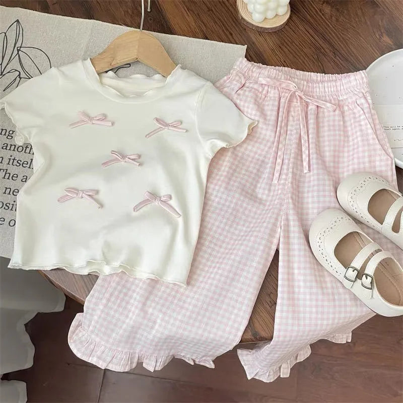 Children's Clothing Sets Bow Short Sleeve Top + Plaid Wide Leg Pants Set Girls Bow T-shirt Clothes Kids Toddler Princess Clothes