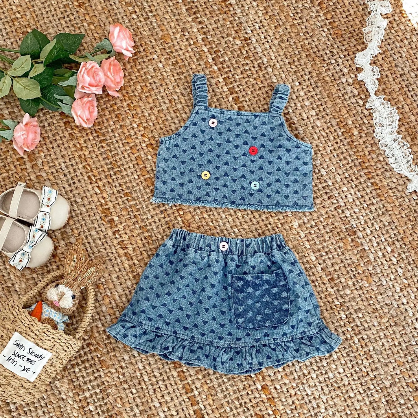 Baby Clothes Summer Female Baby Fashion Trend Cowboy Set Love Cowboy Strap Top Short Skirt Two Piece Set