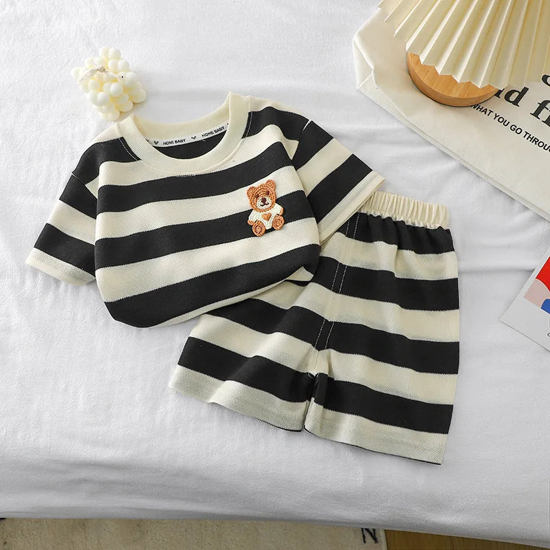 Kids Clothes Children's Short-sleeved Suit Striped Top+shorts 2-piece T-shirt Summer Baby Clothes Children Clothing Boys Girls