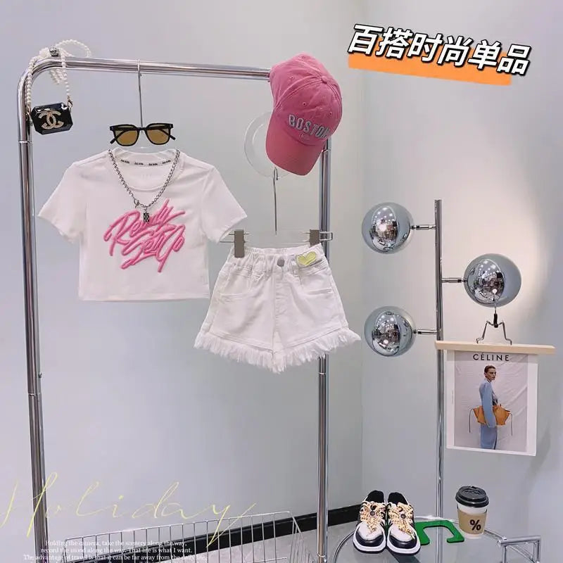 Children's Clothing Sets Monogram Print Short Sleeve + Denim Shorts Baby Girl Clothes 4 To 15 Years Baby Girl Outfit Set