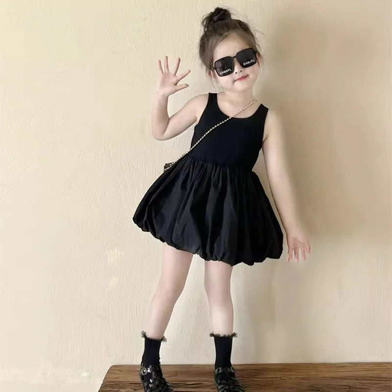 Infant Babys Girls Backless Sling Dress Cotton Solid Sleeveless Children Girls Dress Loose Flower Bud Dress For 2-7Y Kids Girls