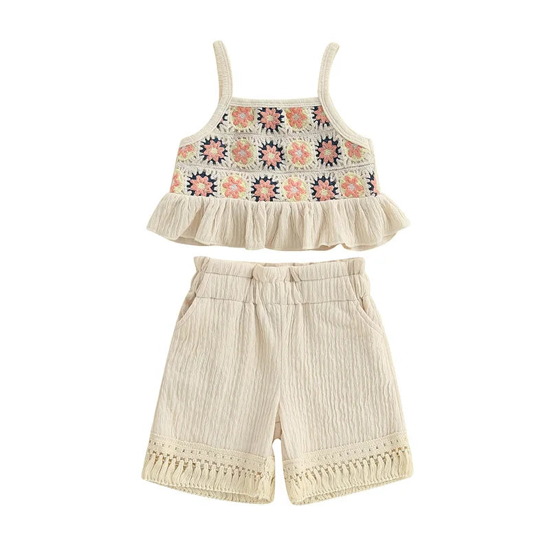 Summer Girls Clothing Sets Floral Design Ruffled Trim Sleeveless Tank Tops and Tassel Shorts Baby Clothes Children Kids Outfits
