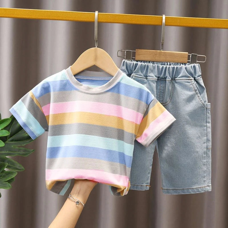 Baby Summer Trend Quality Clothes Set Children's Denim Shorts + Cotton Handsome T-Shirt 2-Piece Set