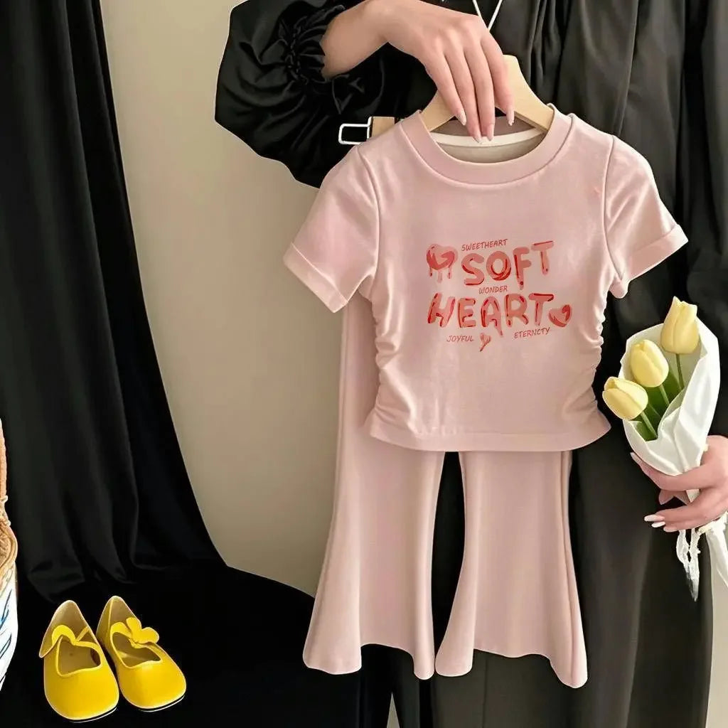 Children's Sets Girls' Summer Sweetheart Print Blouse Set - Waist-Cinching Top + Flared Pants Two Piece Set