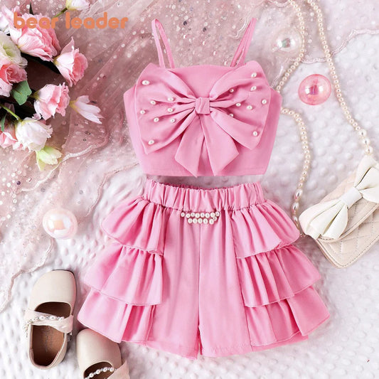 Bear Leader Summer New Pink Girls Clothes Sweet and Cute Children's Suit Pearl Bow Decorative Strap Top+Cake Skirt 2-piece Set