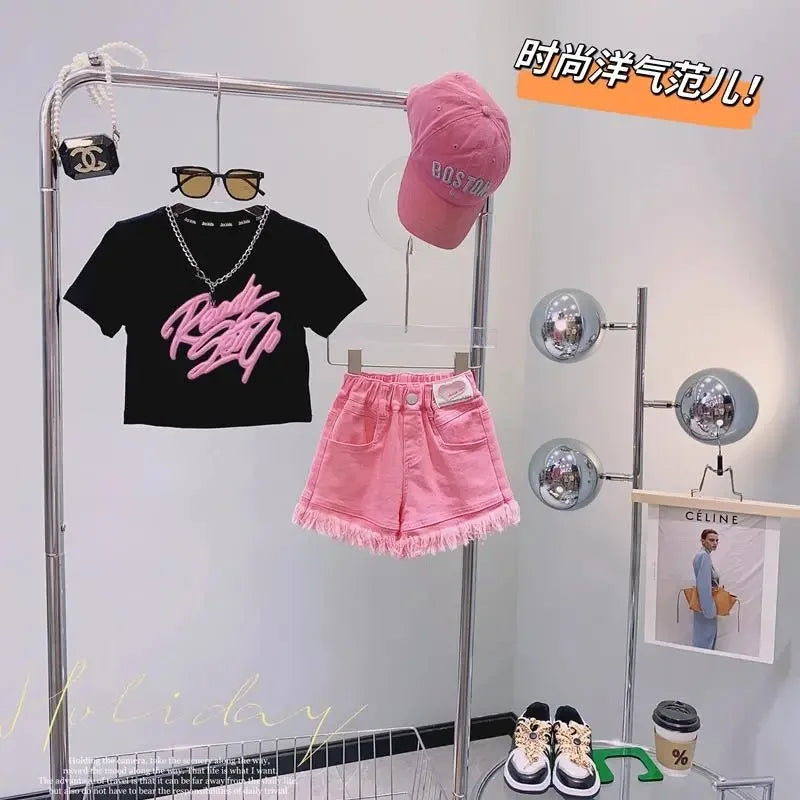 Children's Clothing Sets Monogram Print Short Sleeve + Denim Shorts Baby Girl Clothes 4 To 15 Years Baby Girl Outfit Set