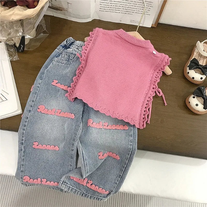 Children's Clothing sets 2-7 Years Pink Knitted Waistcoat + Jeans Summer Outfit Toddler Infant Clothing Set Kids Wear